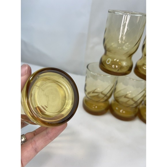 7 Of Vtg 70S Libbey Amber Drinking Glasses‎ MCM Swirled Ringed Bottom 8 Oz Glass - Picture 4 of 6